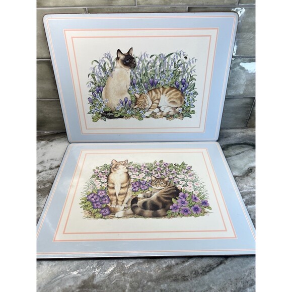 Vintage Pimpernel Garden Cats Placemats Set Of 2 Cork Back England 90s - Picture 1 of 6